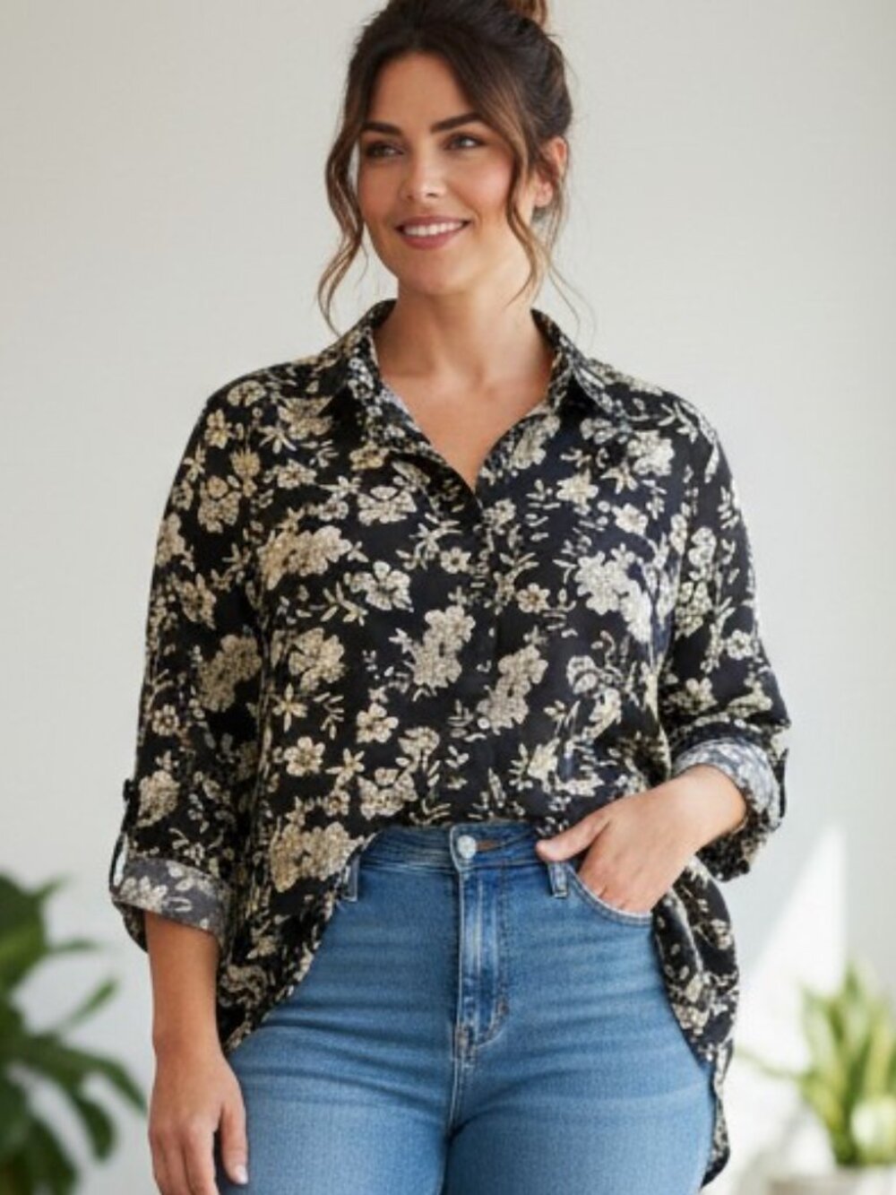 CJ Banks Long Sleeve Button Down Tunic Shirt Size 3X